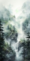 Misty mountain waterfall landscape painting