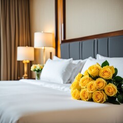 Bouquet of Yellow roses on the bed in a hotel room for honeymoon. romantic meeting of guests at the hotel.