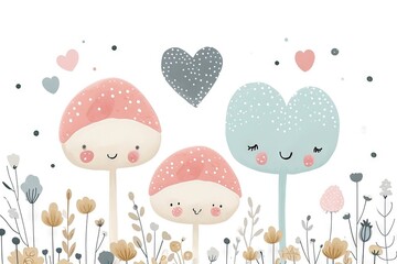 Minimalism and abstract cartoon pattern, vector very cute kawaii and charming valentine clipart, organic forms, desaturated light and airy pastel color palette, nursery art, white background.