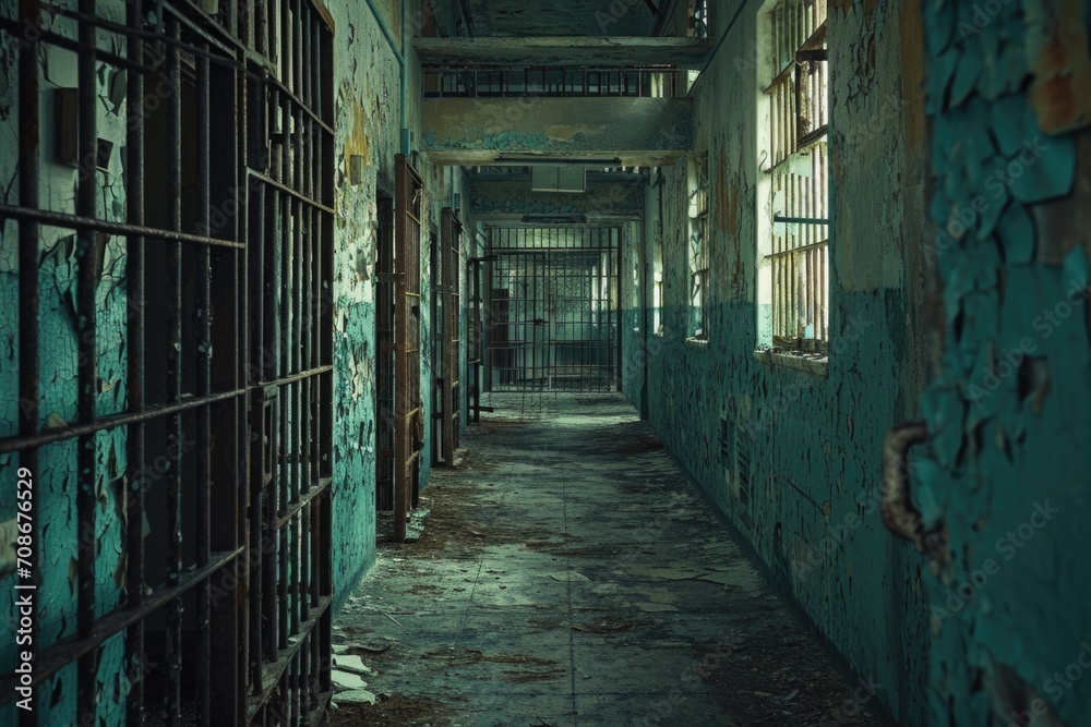 Poster a long hallway with a row of bars. perfect for illustrating confinement or imprisonment