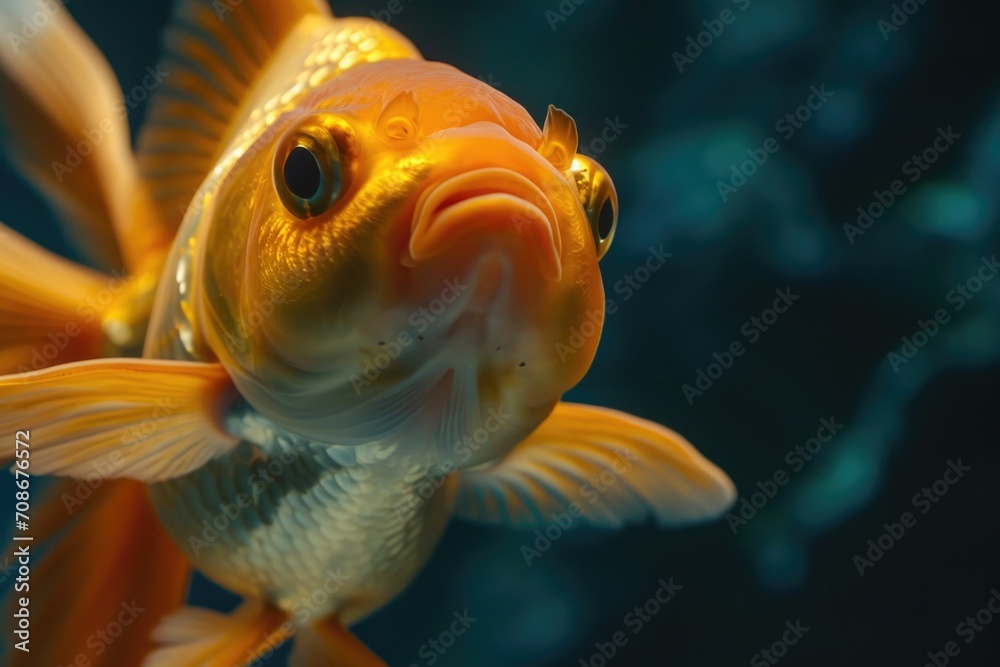 Poster A close-up photograph of a goldfish swimming in a tank. This image can be used to depict aquatic life or as a visual element in educational materials