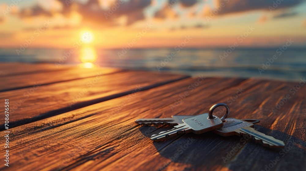 Poster two keys placed on a wooden table. perfect for illustrating security, access, or home concepts
