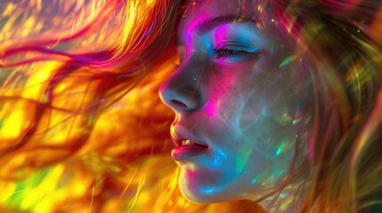 A woman's face is illuminated by a colorful light. This picture can be used to represent beauty, creativity, or enlightenment