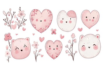 Obraz na płótnie Canvas Minimalism and abstract cartoon pattern, vector very cute kawaii and charming valentine clipart, organic forms, desaturated light and airy pastel color palette, nursery art, white background.