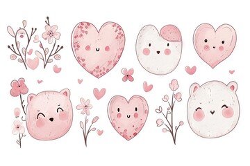 Minimalism and abstract cartoon pattern, vector very cute kawaii and charming valentine clipart, organic forms, desaturated light and airy pastel color palette, nursery art, white background.