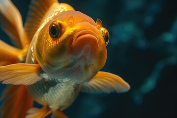 A close-up photograph of a goldfish swimming in a tank. This image can be used to depict aquatic life or as a visual element in educational materials