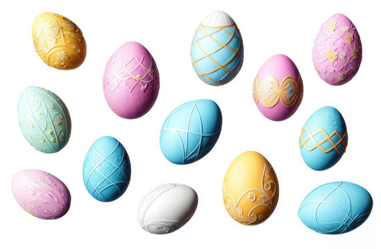 Set of simple watercolor drawn multi-colored Easter eggs in pastel color isolated on isolated white background in uniform style