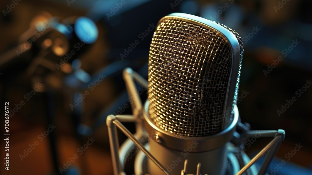 Poster A close up view of a microphone in a recording studio. This picture can be used to depict the process of recording audio or music in a professional setting