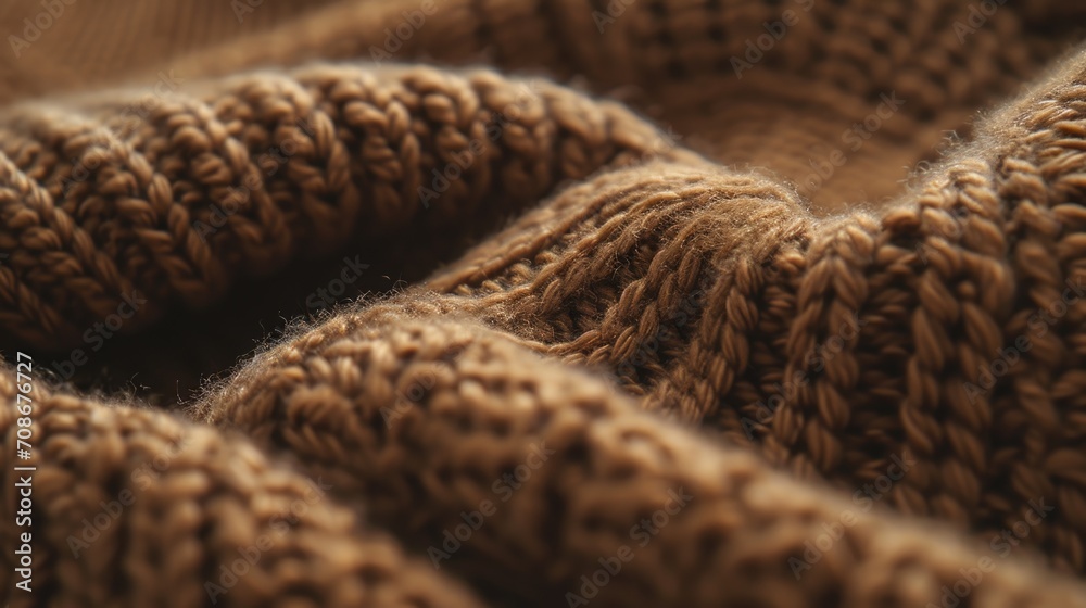 Poster a detailed view of a brown knitted blanket. versatile for various uses