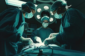 Surgeons conducting a medical procedure in a sterile operating room. Ideal for medical publications and healthcare websites