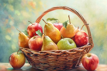 A basket filled with a variety of ripe apples and pears, placed on a table. Perfect for showcasing fresh fruits in a rustic setting