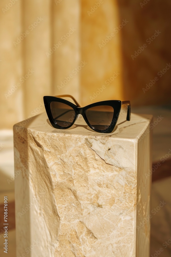 Poster Sunglasses resting on a sleek marble block. Perfect for showcasing fashion accessories or adding a touch of sophistication to your designs
