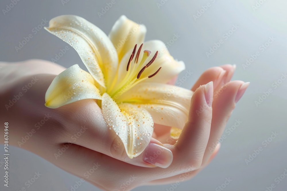 Poster a person holding a flower in their hand. suitable for various occasions and themes