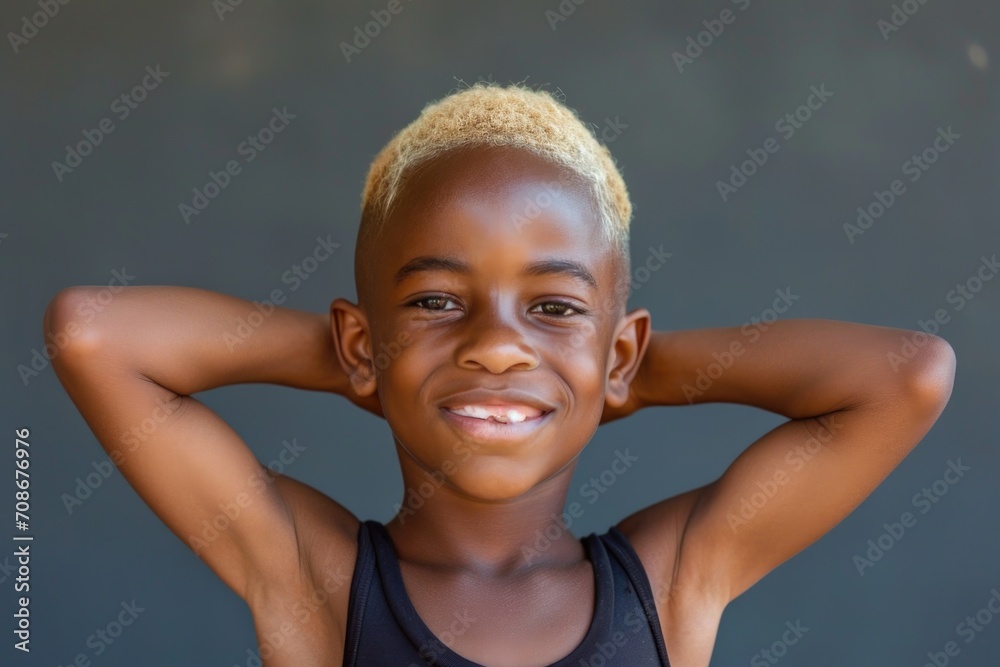 Poster A young boy with blonde hair is wearing a black tank top. This image can be used for various purposes