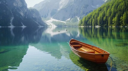 Obraz premium A picture of a boat sitting in clear water. This image can be used to depict tranquility and relaxation