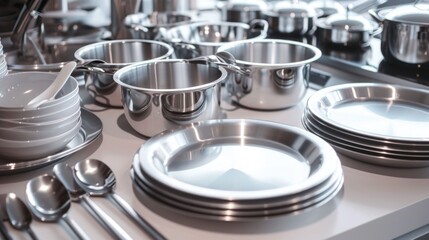 A cluttered kitchen counter filled with various dishes and utensils. Perfect for illustrating a busy cooking or meal preparation scene