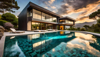 Contemporary house with pool, Modern exterior of a luxury villa in a minimal style. - obrazy, fototapety, plakaty