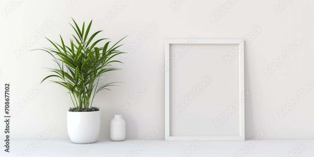 Poster a picture frame hanging on a wall next to a vibrant potted plant. perfect for adding a touch of natu