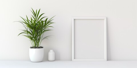 A picture frame hanging on a wall next to a vibrant potted plant. Perfect for adding a touch of nature to any space