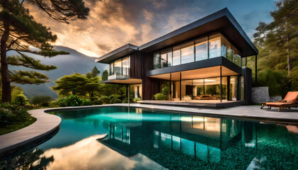 Contemporary house with pool, Modern exterior of a luxury villa in a minimal style.