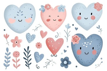 Minimalism and abstract cartoon pattern, vector very cute kawaii and charming valentine clipart, organic forms, desaturated light and airy pastel color palette, nursery art, white background.