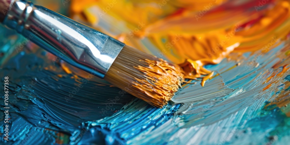 Aufkleber a detailed close-up shot of a paint brush resting on a paint palette. this image can be used for var
