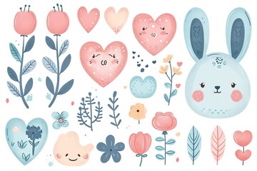 Minimalism and abstract cartoon pattern, vector very cute kawaii and charming valentine clipart, organic forms, desaturated light and airy pastel color palette, nursery art, white background.