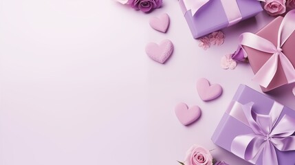Flat lay  composition of  violet gift boxes and rose , hearts on monotone light pink background,...