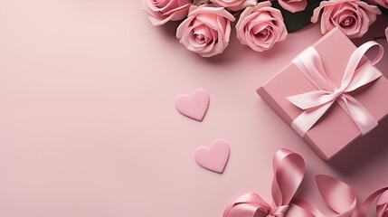 Romantic flat lay composition of Ribbon in shape of heart , gift boxes and rose flowers on monotone background, copy space. Happy Valentines day, Mothers day, Women day concept