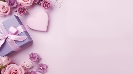 Love in Bloom: Flat lay composition featuring a heart-shaped ribbon, gift boxes, and delicate rose flowers on a serene monotone background. Good for Valentine's Day, Mother's Day, or Women's Day card