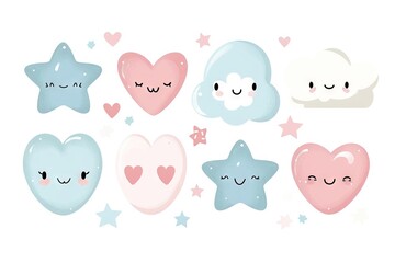 Minimalism and abstract cartoon pattern, vector very cute kawaii and charming valentine clipart, organic forms, desaturated light and airy pastel color palette, nursery art, white background.