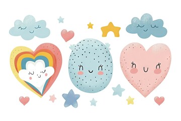 Minimalism and abstract cartoon pattern, vector very cute kawaii valentine clipart, organic forms, desaturated light and airy pastel color palette, nursery art, white background.