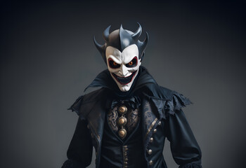 Portraid of a creepy scary venetian carnival harlequin. Mardi gras spooky clown
