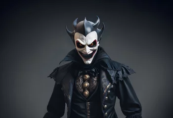 Gordijnen Portraid of a creepy scary venetian carnival harlequin. Mardi gras spooky clown © Gaston
