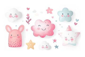 Minimalism and abstract cartoon pattern, vector very cute kawaii valentine clipart, organic forms, desaturated light and airy pastel color palette, nursery art, white background.