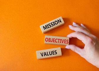 Mission Objectives Values symbol. Concept words Mission Objectives Values on wooden blocks....