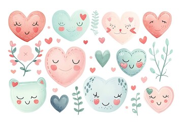 Minimalism and abstract cartoon pattern, vector very cute kawaii valentine clipart, organic forms, desaturated light and airy pastel color palette, nursery art, white background.