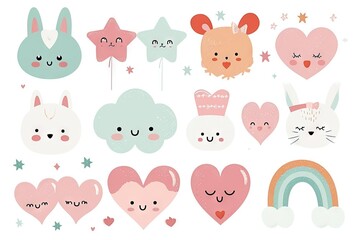 Obraz premium Minimalism and abstract cartoon pattern, vector very cute kawaii valentine clipart, organic forms, desaturated light and airy pastel color palette, nursery art, white background.