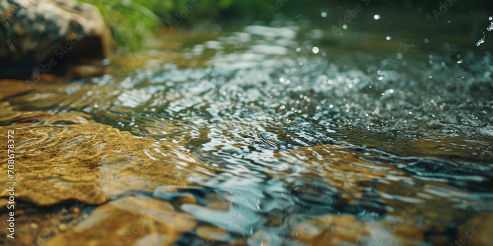 Poster a picturesque image of a stream running through a vibrant green forest. this photo captures the sere