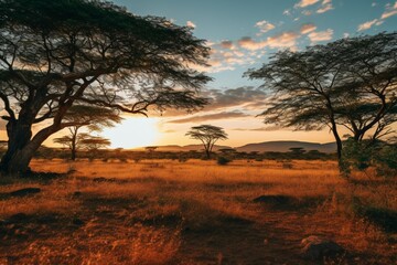 Fototapeta na wymiar focusing on the unique silhouettes of acacia trees and the play of shadows in the morning light