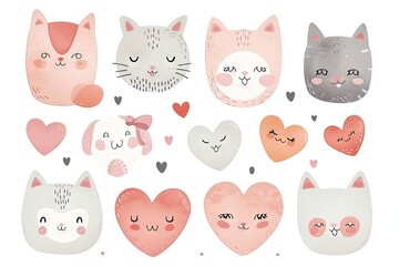 Obraz premium Minimalism and abstract vector very cute kawaii valentine clipart, organic forms, desaturated light and airy pastel color palette, nursery art, white background.