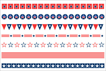 USA flag symbols decorative banner border divider stripe set.
