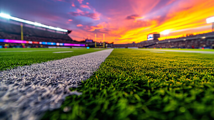 empty American football field at sunset, with vibrant orange skies above and bright stadium lights turning on for the night