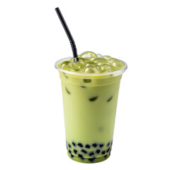 Green bubble tea with black straw on white background