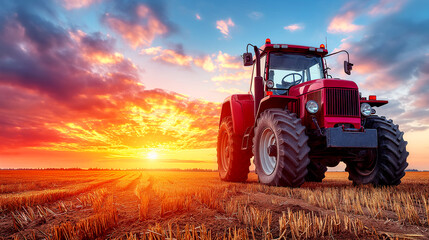 Fototapeta premium large red tractor in a harvested field with a stunning orange and blue sunset in the sky above