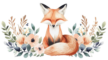 Obraz na płótnie Canvas red fox cute feminine in flower floral frame abstract watercolor illustration painting drawing in pastel colors for poster sticker 