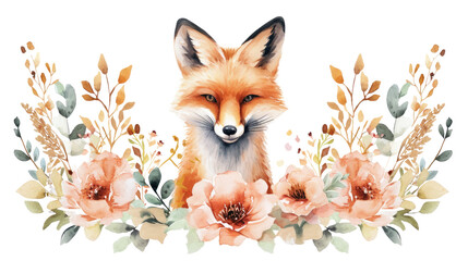 red fox cute feminine in flower floral frame abstract watercolor illustration painting drawing in pastel colors for poster sticker  - obrazy, fototapety, plakaty