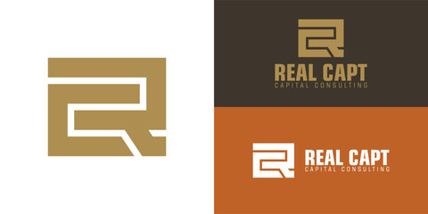 abstract initial letter R and C logo in gold color isolated in black background applied for real estate consulting logo design also suitable for the brands or companies that have initial name RC or CR - obrazy, fototapety, plakaty