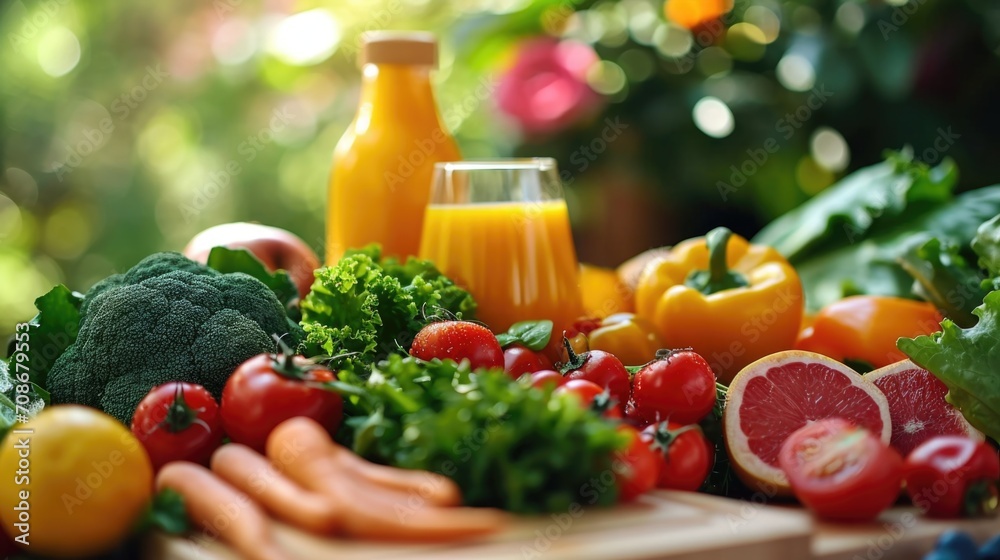 Poster a collection of various fresh fruits and vegetables arranged neatly on a table. perfect for healthy 