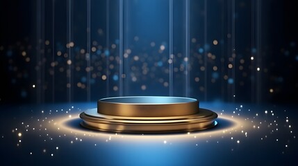 luxury empty podium with spotlight and golden glitter in blue backgrounds